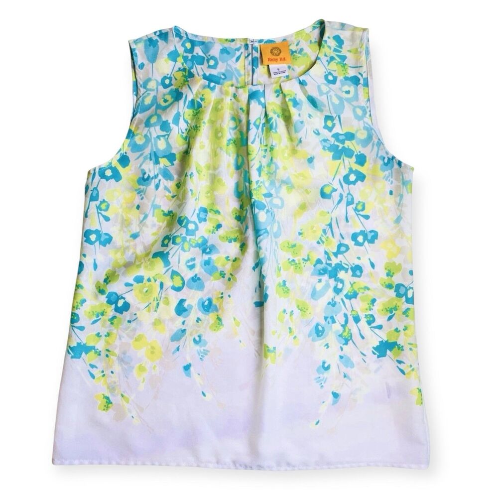 Ruby Rd Blouse Womens 6 Sleeveless Floral Aqua Lime Keyhole Pleated Top